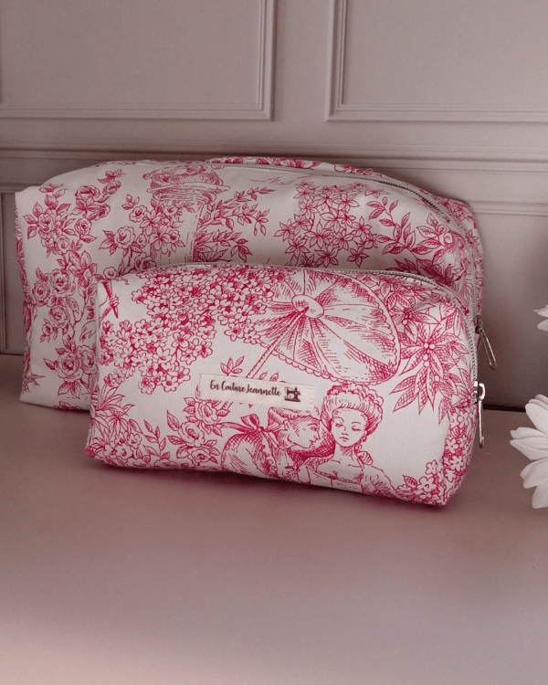 Trousse de toilette petit et grand format - toile de jouy rose